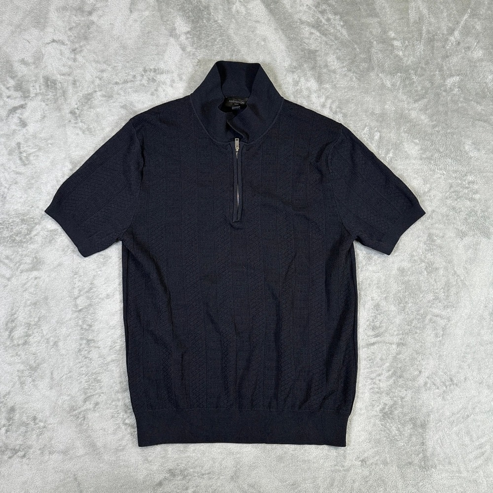 Magaschoni Man Navy Blue Quarter Zip Short Sleeve Textured Knit Sweater Medium